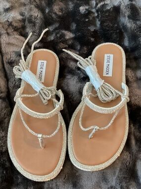 Steve Madden Pearl-Trimmed Ivory Lace-Up Sandals